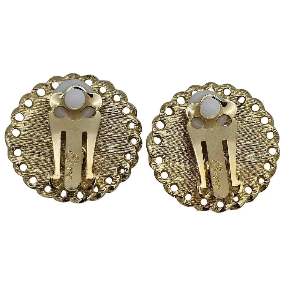 Vintage Coro Button Clip On Earrings Faux Pearl Gold Tone Filigree